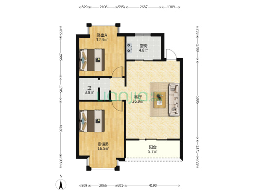 时代广场 2室1厅1卫 84平方