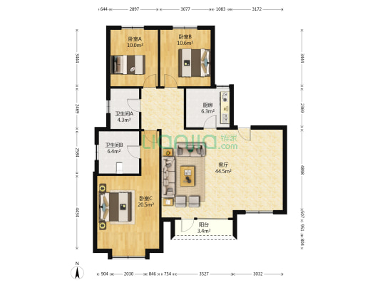 新干线边户洋房三居两卫带露台，一梯两户随时看-户型图