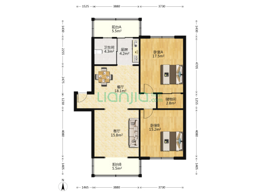 凯翔一区 2室2厅1卫 109平方