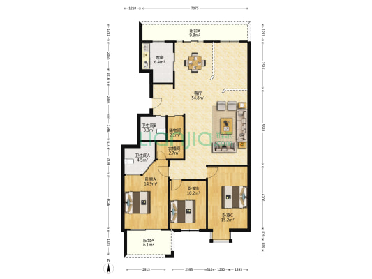 青青家园 3室1厅2卫 150平方