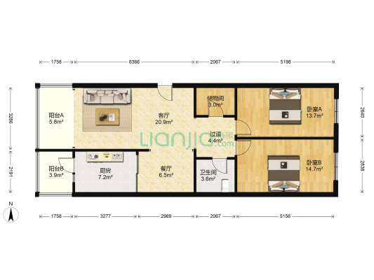 乐安小区 2室2厅1卫 107平方