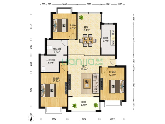 濠滨花园 3室2厅2卫 129平方
