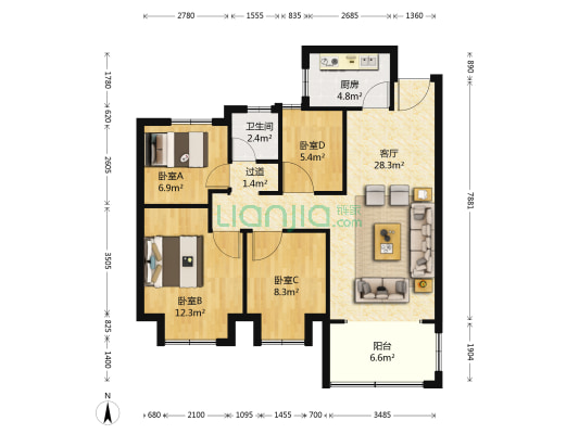 斌锋时代城 4室1厅1卫 102平方