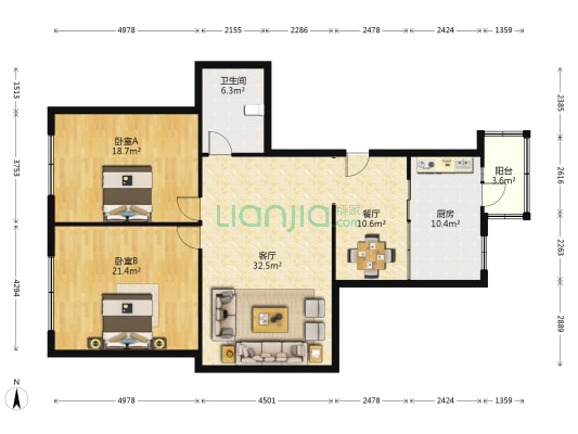 绿化小区 2室2厅1卫 117平方