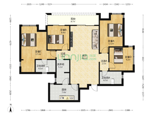 广汇御园二期B区 4室1厅3卫 134平方