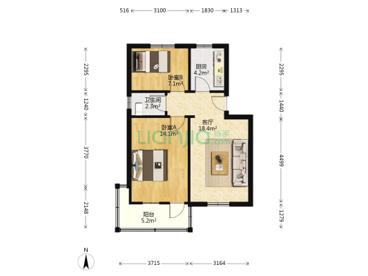 安徽省门窗公司 2室1厅1卫 63平方