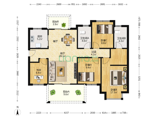 新城悦隽风华 4室1厅2卫 128平方