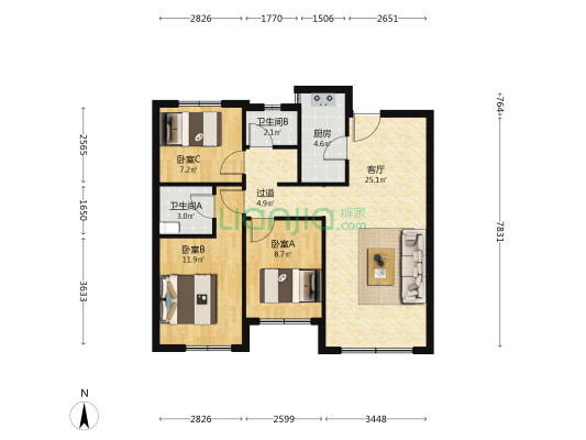 鼎盛国际 3室1厅2卫 97平方
