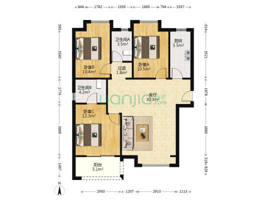 荣盛莉湖春晓 3室1厅2卫 108平方