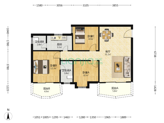 兴贤街6号 3室1厅2卫 95平方