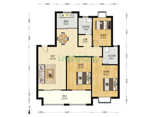 尚海滩花园 3室1厅2卫 124平方