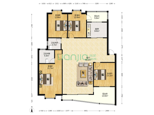 五彩点金苑 4室1厅2卫 165平方