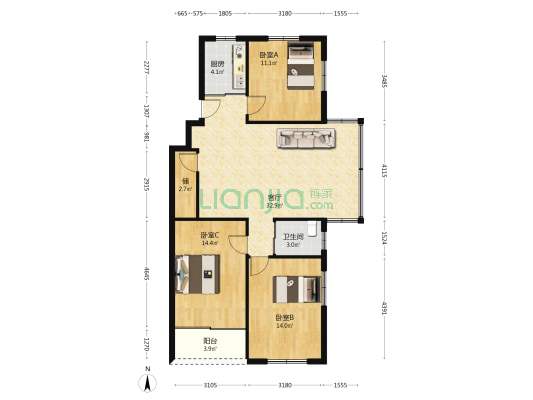 华海广场 3室1厅1卫 110平方