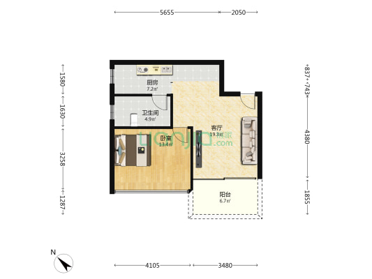 兰海滨河城市花园二区 1室1厅1卫 55平方
