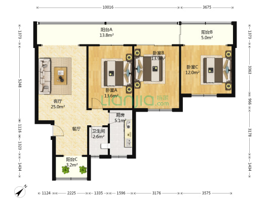 光荣西路73号 3室1厅1卫 116平方