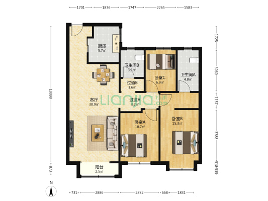 旭辉新城光明路8号 3室1厅2卫 119平方