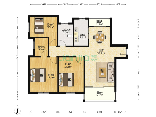 阅湖生活广场 3室1厅1卫 131平方