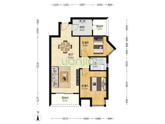 香山社区 2室1厅1卫 70平方