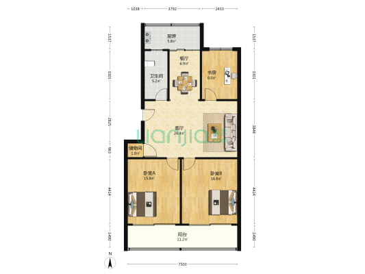 紫荆苑 3室2厅1卫 115平方
