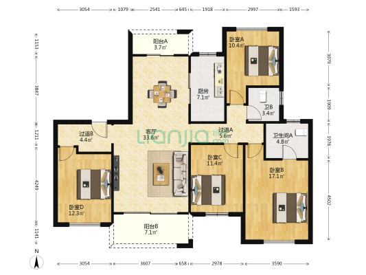 龙湖天钜 4室1厅2卫 148平方