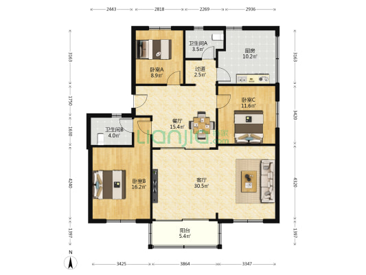 联合一村 3室2厅2卫 134平方
