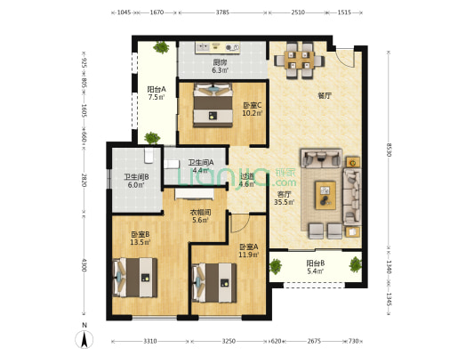 恒泰滇池名门贰号院金逸嘉园 3室1厅2卫 135平方