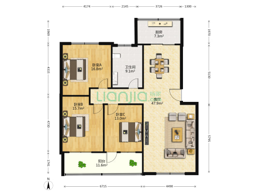郎茂山6-3号 3室1厅1卫 139平方