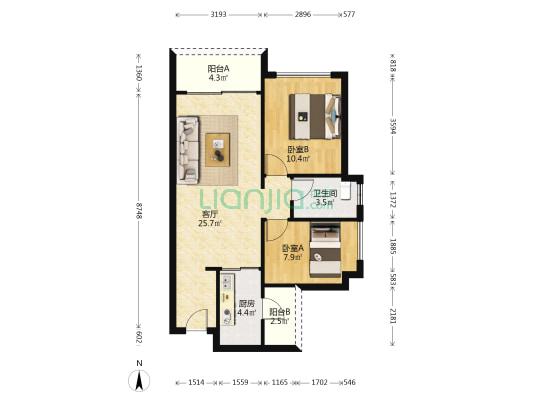 翰林山语南区 2室1厅1卫 73平方