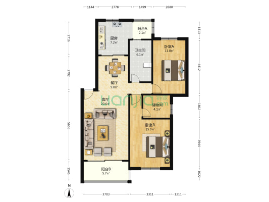 山泉花苑（西区） 2室2厅1卫 97平方