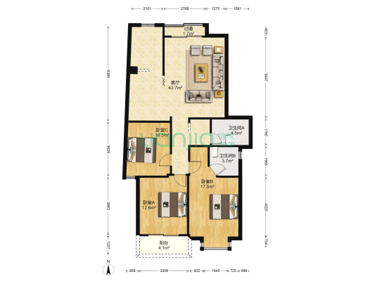 颐景园二区 3室1厅2卫 122平方