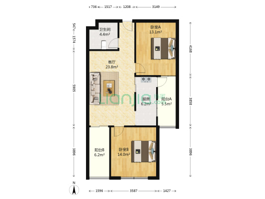 银海领域 2室1厅1卫 89平方
