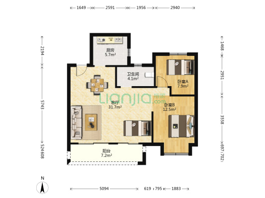 东原印未来 2室1厅1卫 95平方