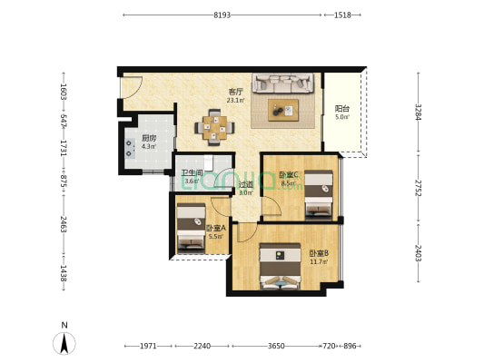 时代印记花园 3室1厅1卫 79平方