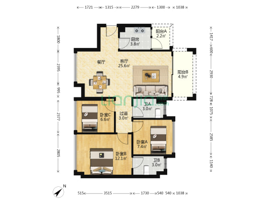 云山汇景豪园 3室1厅2卫 88平方