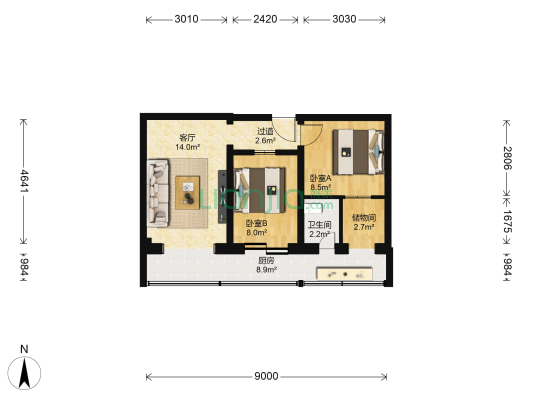 金蝉北里21号院 2室1厅1卫 63平方