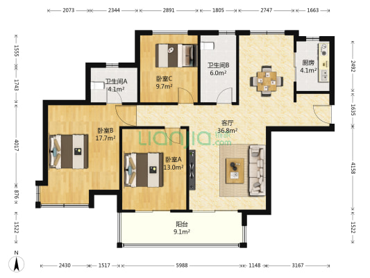 翰林缘 3室1厅2卫 121平方