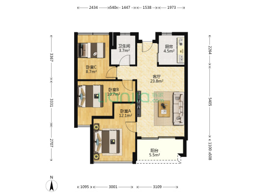 金地国际公寓 3室1厅1卫 83平方