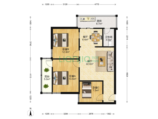 龙潭公寓 3室2厅1卫 90平方
