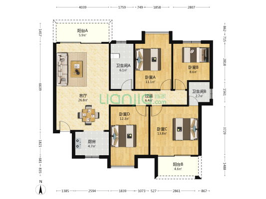 辉煌时代 4室1厅2卫 131平方