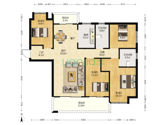 昆明融创文旅城铭海花园北区 4室1厅2卫 149平方