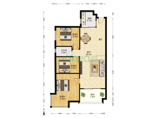 龙光普罗旺斯卡地亚庄园 3室1厅1卫 102平方
