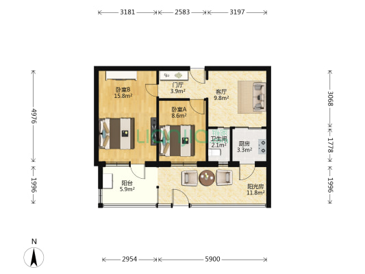 学院路14号院 2室1厅1卫 61平方