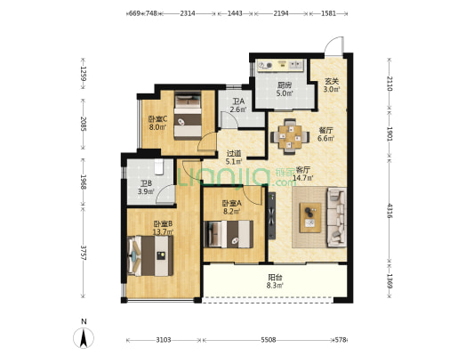 仁恒滨海湾 3室2厅2卫 96平方