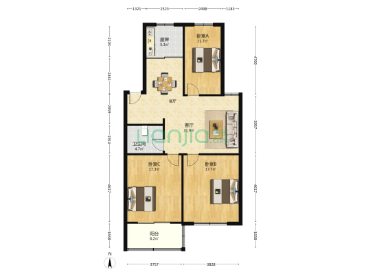 亿丰如皋国际商贸城 3室1厅1卫 117平方