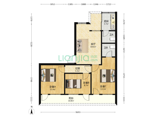 粮食储运公司宿舍 3室1厅2卫 91平方