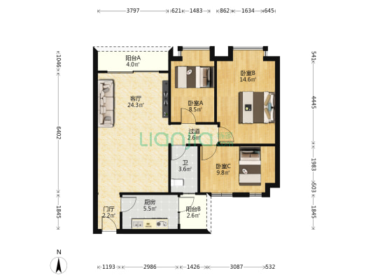 海诚名轩 3室1厅1卫 87平方