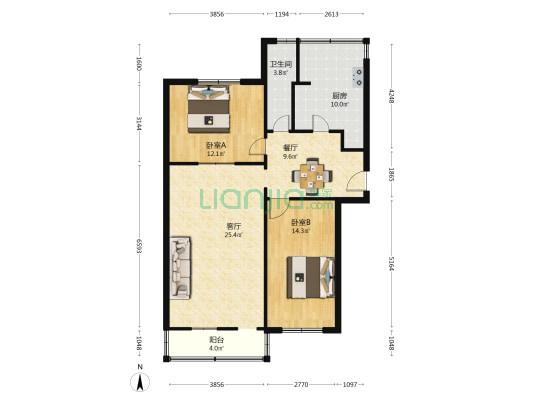 凤凰路1号院 2室2厅1卫 87平方