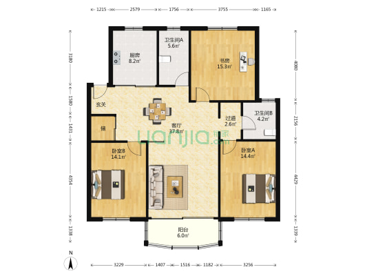 梁清路 3室1厅2卫 130平方