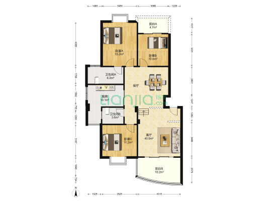 虹顶家园 3室1厅2卫 128平方