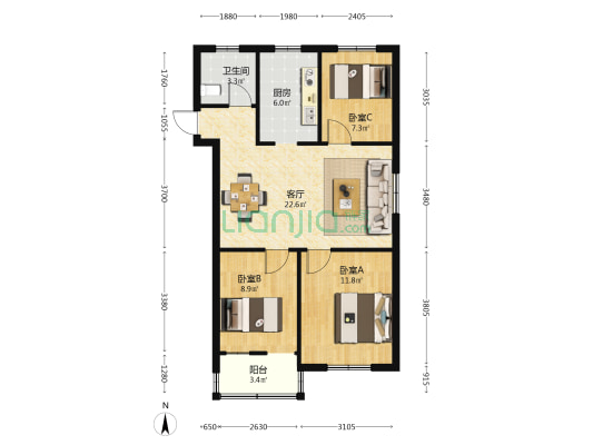 长青路1号 3室1厅1卫 78平方